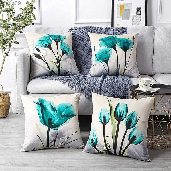 Stuhlhussen Cyan Aquarell Blume Leinen Kissenbezug Polsterkissenbezug Home Decor für Sofa Auto Schlafzimmer 40x40 45x45 50x50 60x60