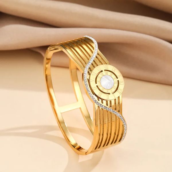 Römischer Stil, Schnallen-Stil, aushöhlen, dünner Streifen, mikroeingelegter Zirkon, einfaches Damen-Armband aus 14 Karat Gold, Handschmuck