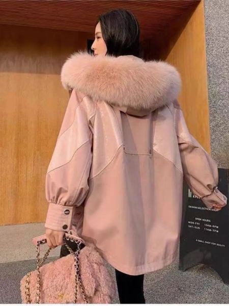 Pelz Pink Rex Kaninchenfellmäntel Frauen Winter neuer Patchwork Zipper Kapuzefell Jacken koreanische Mode warme dicke weibliche Jacken übernommen übernommen