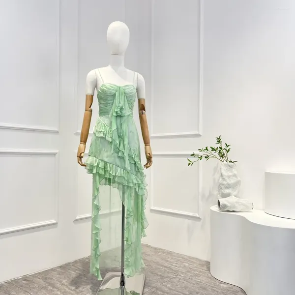 Abiti casual Verde Ruffles Senza maniche Donna Alta qualità Seta tinta in massa Cristalli delicati Orlo asimmetrico Abbigliamento 2024 Estate