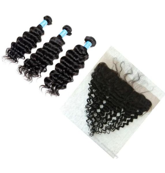 Capelli da 1030 pollici cambogiano brasiliano malese indiano peruviano onda profonda capelli tesse colore 1B tingibili 3 pacchi e frontale6267776