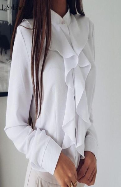 Plissado senhoras blusas camisa branco preto elegante blusa de escritório manga plus size das mulheres topos roupas blusa feminina 2020 outono2325383