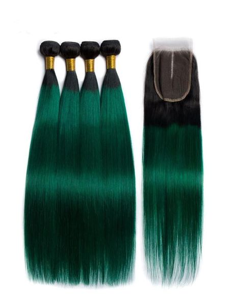 Silanda cabelo ombre cor t 1b verde escuro em linha reta remy trama do cabelo humano 3 tece pacotes com fechamento de renda 4x4 6012519