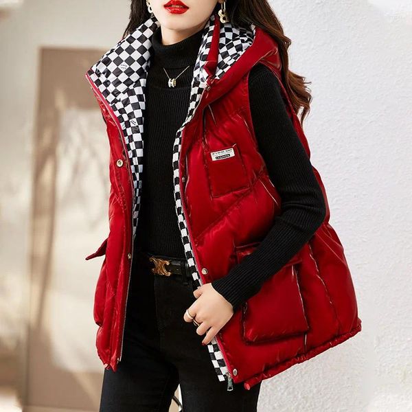 Gilet da donna Donna con cappuccio Piumino in cotone di colore brillante Giacca imbottita in cotone Giacche senza maniche Gilet invernale femminile Cappotto Abbigliamento