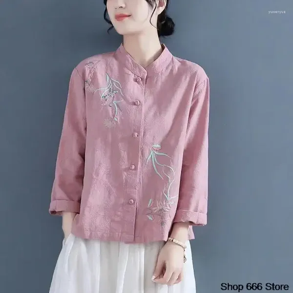 Abbigliamento etnico Abbigliamento da donna a maniche lunghe Cinese tradizionale orientale in cotone e lino Vintage Hanfu Top Art Tang Suit Retro Top