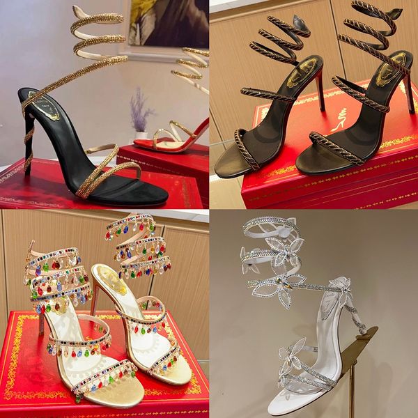Rene Caovilla High Heels Cleo Lüks Tasarımcı Rhinestone Ayak Bileği Sargısı Yüksek Topuk Sandalet İpek Kristal Kolye Pompalar Kadın Akşam Altın Sandalları Taş Ayakkabıları