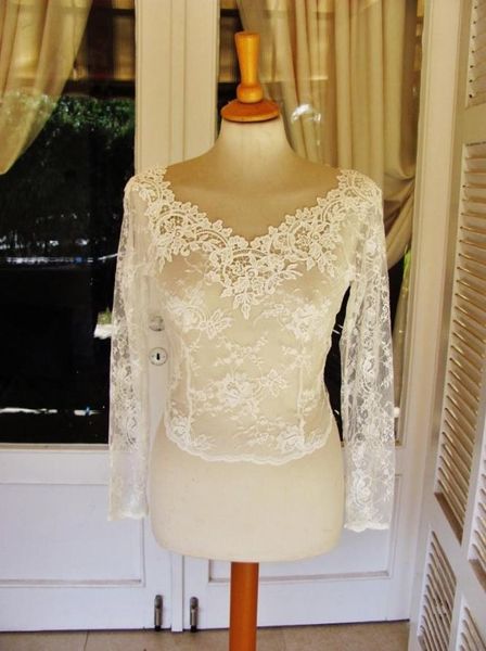 Giacca da sposa sexy con scollo a V Bolero con applicazioni in pizzo trasparente Accessori da sposa Bianco avorio maniche lunghe Coprispalle7618983