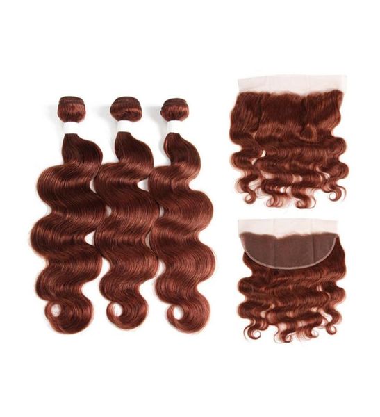 Cabelo Humano 33 Marrom Auburn Onda Corporal Fechamento Frontal Com Pacotes Ofertas Cobre Vermelho Virgem Extensão de Cabelo Malaio 4 Pçs / Lote 4909665