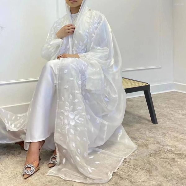 Roupas étnicas Moda Chic Branco Malha Sólida Bordado Abayas Abertos para Feminino Puff Manga Elegante Casual Dubai Turquia Kaftan Kimono