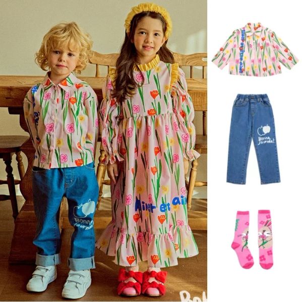 Pantskirt Kinderhemd Jeans Set 2023 Frühling Bedrucktes Revers Jungenhemd Baumwolle Mode Jungen Jeans Süße Mädchen Kleider Kinderkleidung