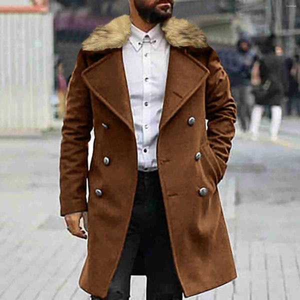 Herren Trenchcoats Herbst Mode Pelzkragen Zweireiher Mantel Lange Wolloberseite Windjacke Jacke Winter Outdoor