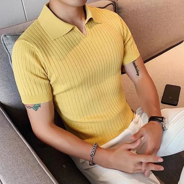 Elástico fino respirável malha sólida polo homens manga curta camiseta verão moda roupas de grandes dimensões preto branco amarelo liso legal 240223