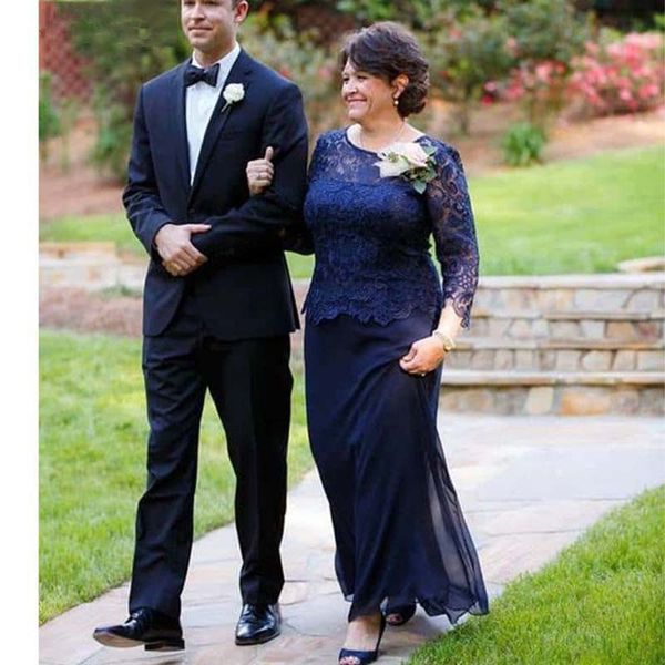 Marineblaue Kleider für die Brautmutter, Crew-Schößchen, A-Linie, Illusion, lange Ärmel, Chiffon, Spitze, Übergröße, lange, lange Bräutigam-Mutterkleider für Hochzeiten