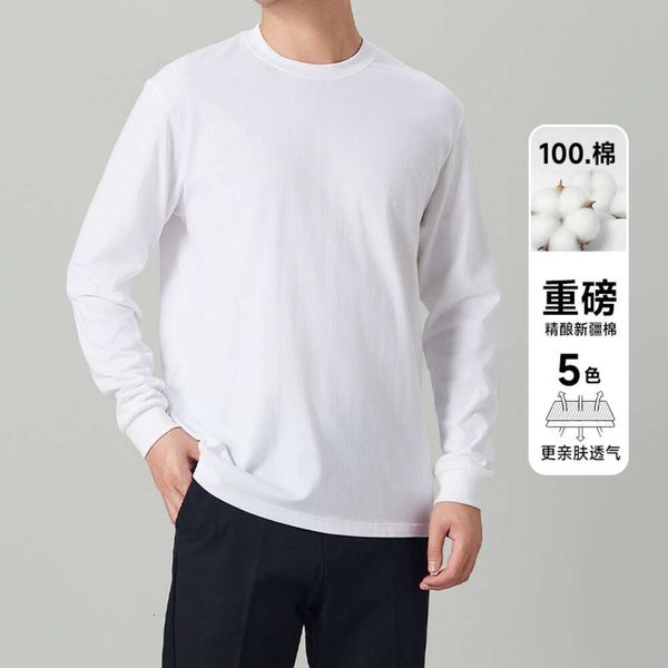 T-shirt a maniche lunghe in puro cotone Camicia base unisex in cotone allentato per carichi pesanti da uomo personalizzata Top bianco T