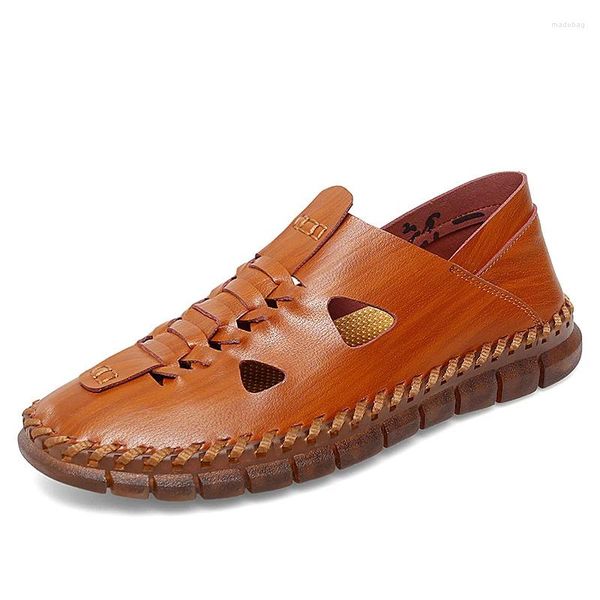 Sandálias masculinas para fora praia pescador sapatos de couro deslizamento em baixo-topo verão redondo-toe para masculino respirável casual artesanal fechado-toe