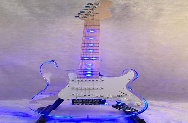 Kek gibi satmak elektro gitar akrilik gövde ve akçaağaç boynu lens mavi led lamba elektro gitar 3501321