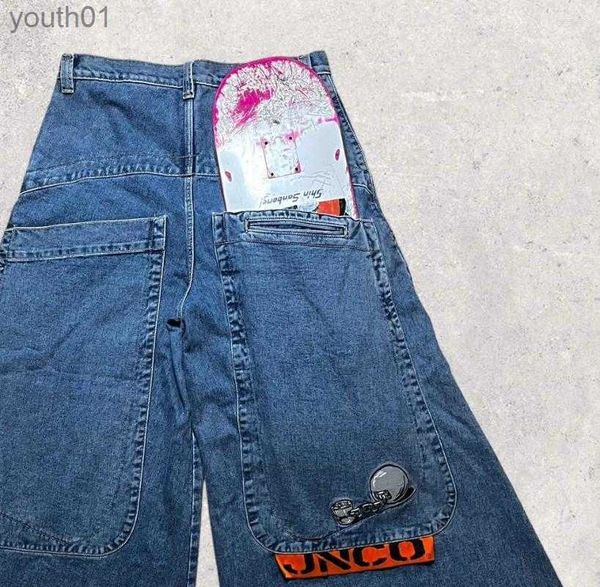 Kadınlar kot bayan kot pantolon jnco retro hip hop rock desen mavi büyük cep gevşek harajuku gündelik gotik geniş bacak pantolon kaykay 240304