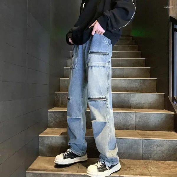 Herren-Jeans, trendige High-Street-Reißverschlusstasche, Arbeitskleidung, hochwertige, schmale Hose mit geradem Bein