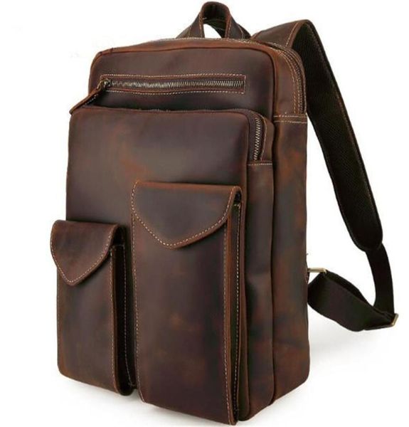 Men039s vintage grão completo couro genuíno mochila de viagem ao ar livre weekender negócios bolsa para portátil escola cavalo louco ba7519665