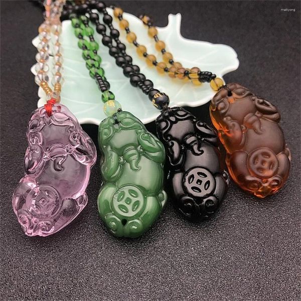 Anhänger Halsketten Charm Grüne Jade Handgeschnitzte Münze PiXiu Gelb Schwarz Kristall Stein Halskette Chinesisches Amulett Party Kleidung Schmuck