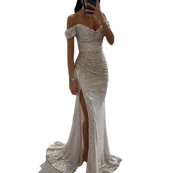 Sexy Urban-Kleider für Damen, schulterfrei, Meerjungfrau-Abschlussballkleid, langes Ballkleid, glitzerndes Pailletten-formelles Partykleid mit Schlitz