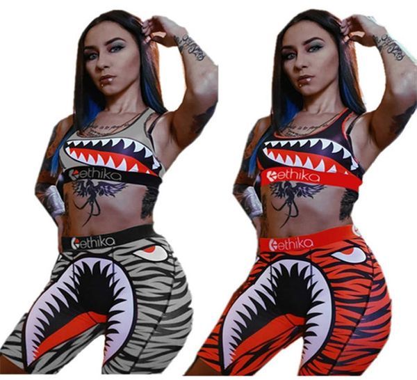 Mode Frauen Attraktive Badeanzug Sommer Beachwear Weste Sport-Bh Badeshorts Zweiteilige Outfits Shark Print Bademode Bodycon Bi9081526