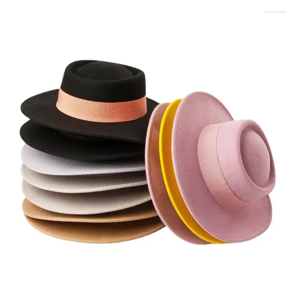 Berretti Cappelli Fedora da donna in lana - Stile ad anello Cappello concavo piatto superiore Billycock Cappello in feltro Autunno Inverno Cappello da festa femminile