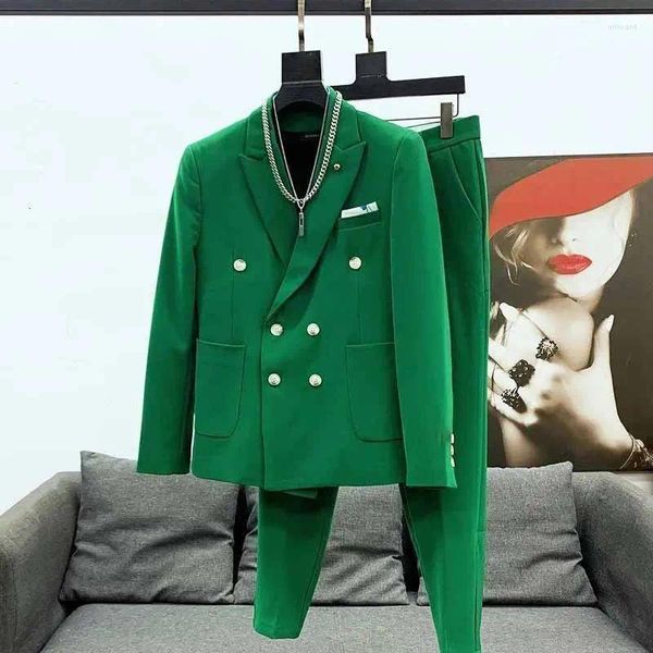 Ternos masculinos verde blazer duplo breasted peaked lapela ocasião formal solto 2 peça jaqueta calças baile de formatura festa casamento 2024