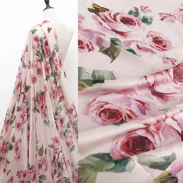 Vestidos Europa e América Romantic Rosa Pink Flor Principada Tabela de chiffon para mulheres Blusa de vestido de verão costura de pano diy