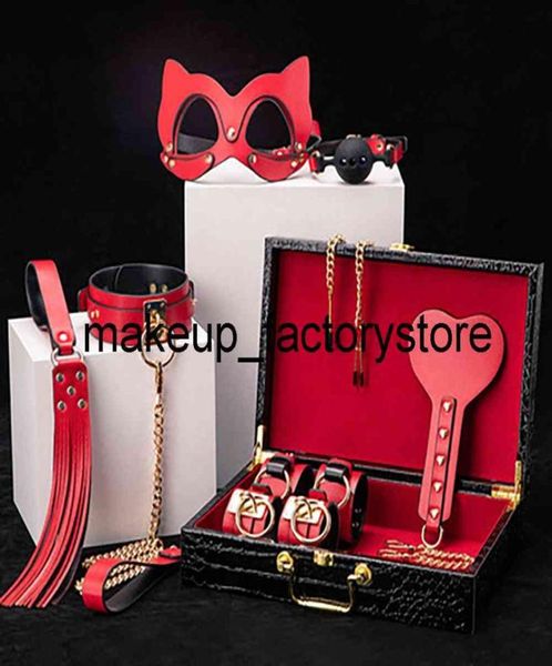 Massagem bdsm kits de couro genuíno bondage conjunto fetiche algemas colar mordaça chicote presente erótico adulto 18 brinquedos sexuais para mulheres casais gam2973291