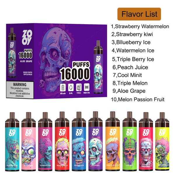 Tek kullanımlık puf 16K Zooy Tornado 16000 Puffs Elektronik Sigara Puffbar Tek Kullanımlık Vape Mesh Bobin LED Koşu Lambası Şarj Pil Vapes Cig Vapers Cihaz