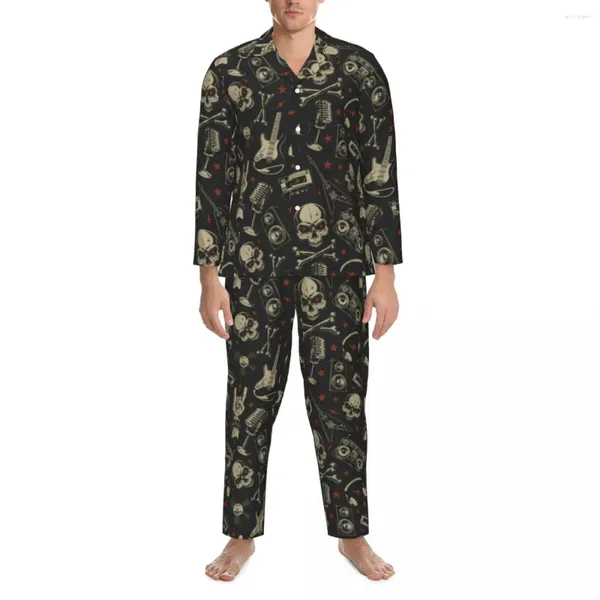 Erkek pijama metal müzik kafatası pijama setleri sonbahar grunge punk konforlu uyku unisex 2 adet büyük boy desen ev takım elbise