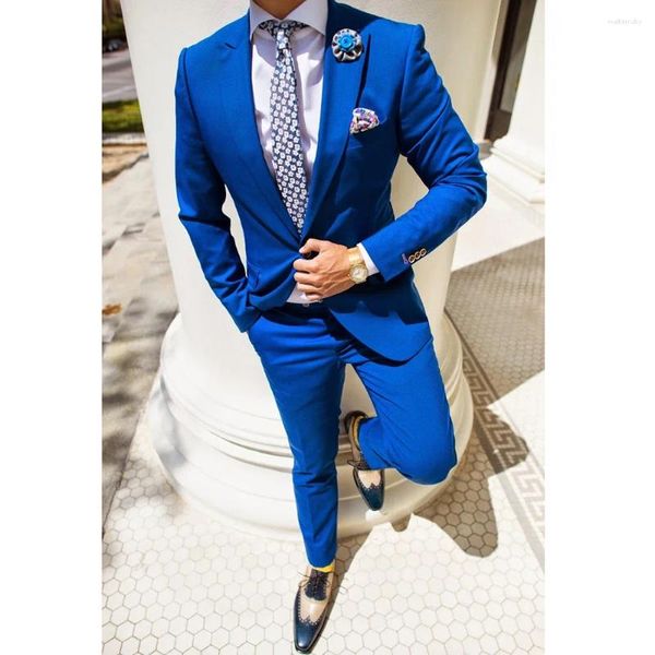 Ternos masculinos azul real estilo italiano feito sob encomenda fino ajuste 2 peças para casamento único breasted noivo smoking padrinho terno de festa 2024