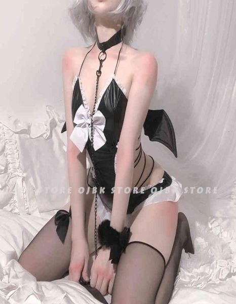 OJBK Sexy Lingerie Little Devil Trajes Cosplay Preto Pu Couro Com Adoráveis Asas de Morcego Erótico E Bonito Uniforme Po Vestido LY191879656