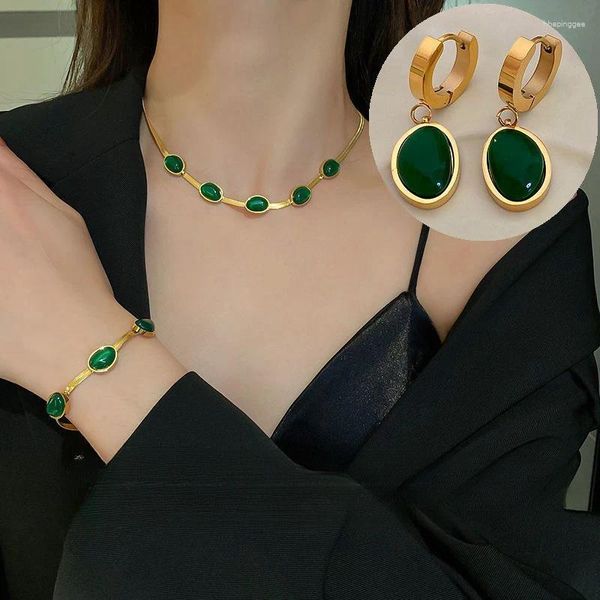 Halskette Ohrringe Set Böhmenstil Edelstahl Vintage Emerald und Edelstein Schlangenknochenknochen -Halshärmelarmschmuck für Frau für Frau