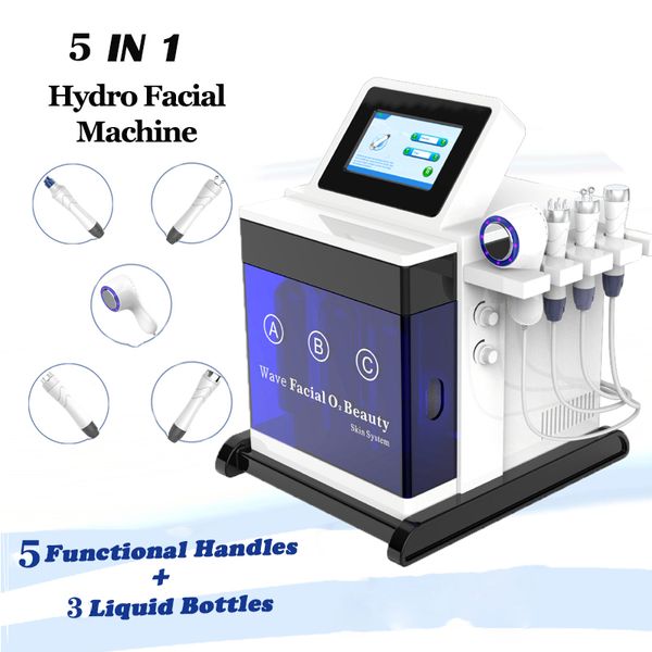 Hydra-Wasser-Peeling-Maschine, Mikrodermabrasionsbehandlungen, Gesichtsformung, Mikrostrom-Kalthammer, Hautstraffung, Ultraschall-RF-Gesichtsmassagegerät, 5 Griffe