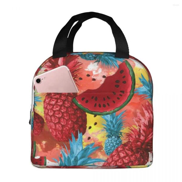 Stoviglie Borsa per il pranzo con ananas e anguria isolata con scomparti Maniglia riutilizzabile portatile per bambini Scuola da picnic