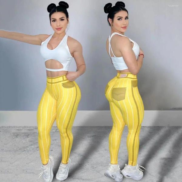 Calças femininas listradas impressão de cintura alta leggings listra cintura alta yoga para mulheres stretchable fitness gym treino
