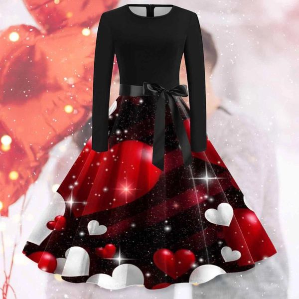 Повседневные платья, женские винтажные вечерние платья с длинным рукавом и круглым вырезом, с принтом ко Дню святого Валентина, 1950-е годы, вечернее платье для домохозяйки, выпускного вечера, пляжные платья