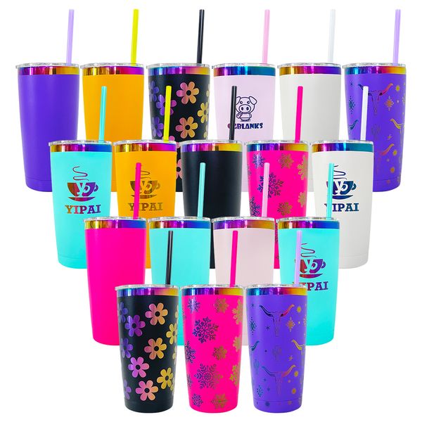 20oz Renkli Toz Donlanmış Gökkuşağı Kaplamalı Vakum Yalıtımlı Paslanmaz Çelik Tumbler Ayçiçeği Lazer Gravürü için Kapak ve Sipariş En İyi Değer Hediyeleri 25 PCS PACK