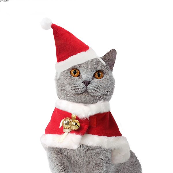 Kleidung ATUBAN Haustier-Weihnachtskostüm, Katze, Weihnachtsmann-Outfit, kleiner Hund, Weihnachtsmütze mit Umhang, Set, Katzen-Neujahrsbekleidung, Katzenkostüme