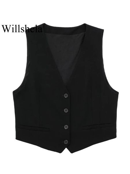 Westen Willshela Frauen Mode Schwarz Einreiher Weste Vintage V-ausschnitt Ärmellose Weibliche Chic Dame Tank Tops