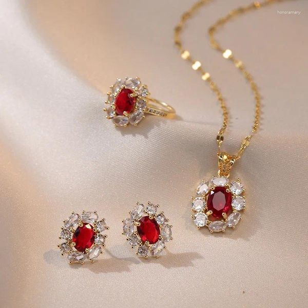 Комплект ожерелья и серег, свадебный овальный красный камень, кольцо-гвоздик, кулон, цепочки золотого цвета, ожерелья для женщин, циркониевые подарки на помолвку