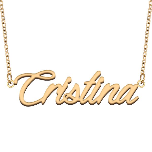 Cristina nome colar pingente para mulheres meninas presente de aniversário placa de identificação personalizada crianças melhores amigos jóias 18k banhado a ouro aço inoxidável