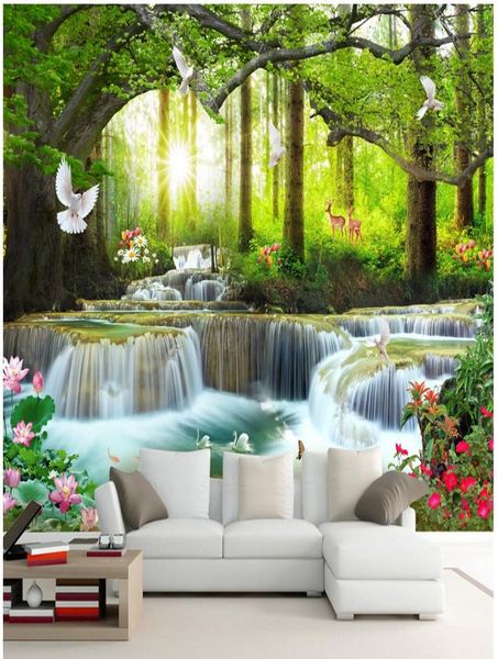 3d po papel de parede personalizado mural na parede verde grande árvore floresta cachoeira fundo parede decoração casa sala estar para w2204398