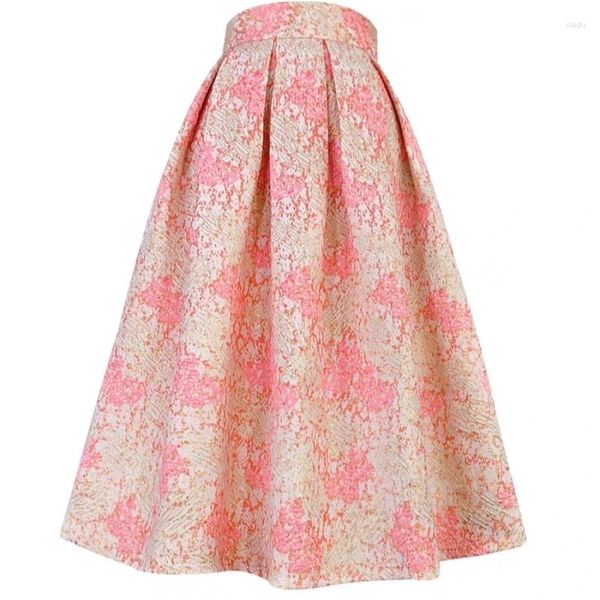 Saias 2024 primavera moda coreana tendência luxo design mulheres cintura alta doce rosa floral bordado longo plissado jacquard midi saia