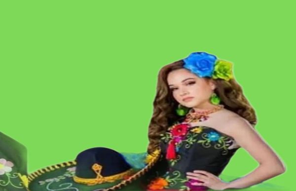 Schwarze Quinceanera-Kleider im mexikanischen Stil Charro 2023 Blumen bestickte Spitze Schichten Tüll Satin Ballkleid für xv anos1048386