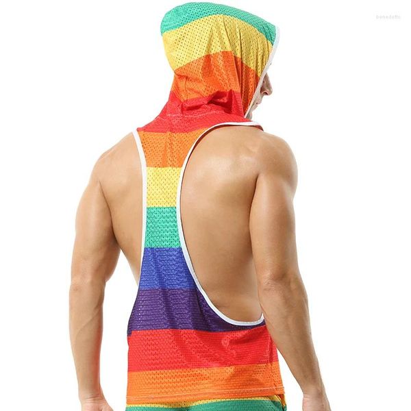 Herren-Tanktops, Regenbogen-Weste, mit Kapuze, lässig, ärmellos, Mesh-Unterhemd, Kleidung, Fitness, Workout