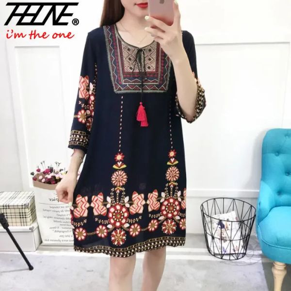 Kleid Damenbekleidung Damen Indisches Kleid Bereit Lager Sommer Vintage Kausal Koreanischer Stil Strand Stickerei Quaste Blumendruck Vestidos