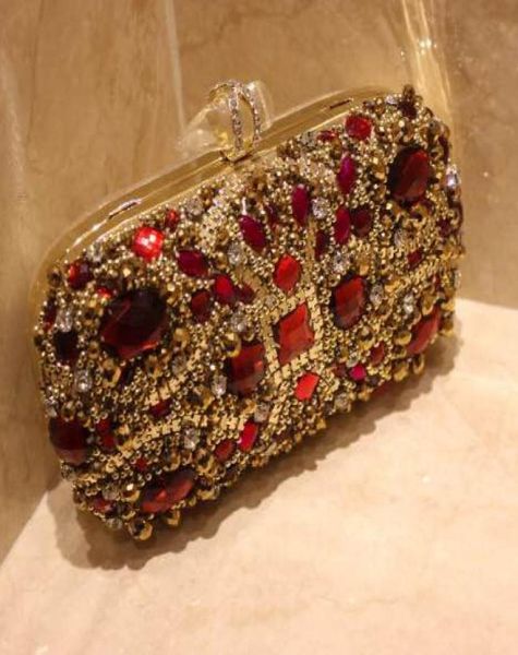 Luxuriöse rote Kristalle Braut-Handtaschen, Abend-Clutch-Taschen, Hochzeit-Handtasche, Designer-Gold, formelle Party-Perlen-Geldbörse, Braut-Accessoire2214919